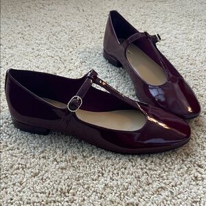 J. Crew Burgundy Patent Leather T-Strap Flats